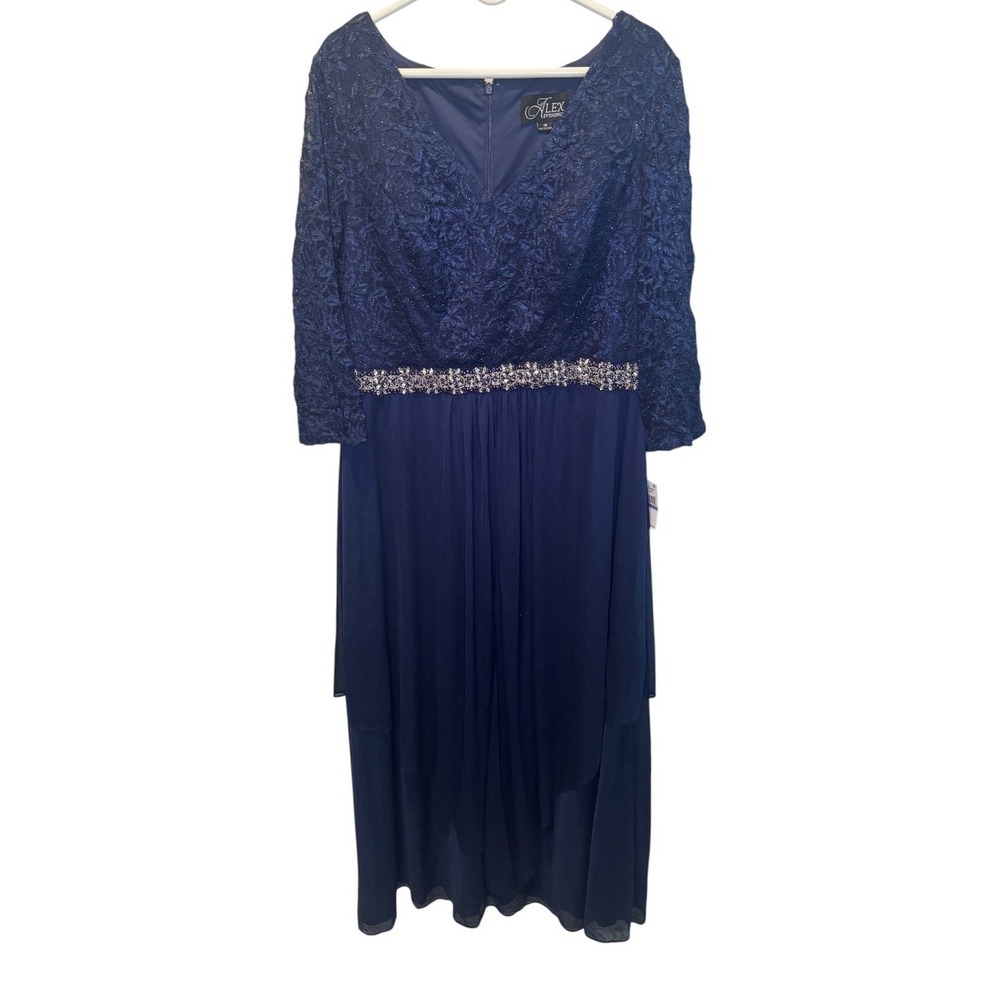 Alex Evenings Womens Navy Blue Gown Lace Chiffon Embellished Waist 18 NEW